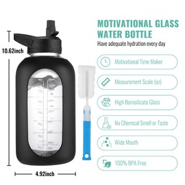CIVAGO 64 oz Glass Water Bottle Jug with Straw and Handle, Half Gallon Sports Motivational Water Bottle with Time Marker, Wide Mouth Water Flask Canteen with Silicone Sleeve for Gym,Smog Blue