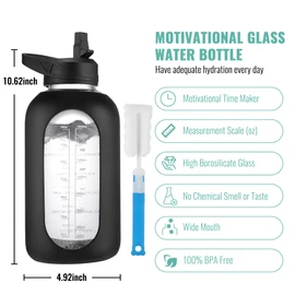 CIVAGO 64 oz Glass Water Bottle Jug with Straw and Handle, Half Gallon Sports Motivational Water Bottle with Time Marker, Wide Mouth Water Flask Canteen with Silicone Sleeve for Gym,Smog Blue