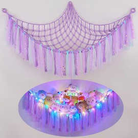 Stuffed Animal Net or Hammock with LED Light, KoHuiJoo Stuffed Toy Hammock Net Hanging Stuffed Animal Storage Organizer Holder Room Décor with Tassels for Nursery Play Room Kids Bedroom (Violet)