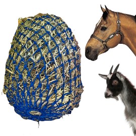 Majestic Ally 2”x2” Holes Slow Feed 40” Very Sturdy Hay Net with Bottom Ring for Horses, Nylon Rope Hanging, Adjustable Travel Feeder for Trailer, Stall (Royal Blue)