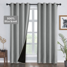 HOMEIDEAS 100% Grey Blackout Curtains 84 Inch Length 2 Panels, Room Darkening Curtains for Bedroom, Embossed Satin Thermal Insulated Curtains, Light Blocking Drapes with Black Liner for Living Room