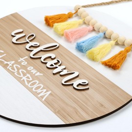 TOARTi 3D Welcome to Our Classroom Door Sign Hanging, Boho School Classroom Wall Decor with Tassels White Bead, Rustic Welcome Sign Plaque for Classroom School Teacher Counseling Office