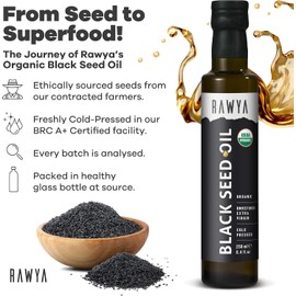 RAWYA Aceite de Comino Negro - Prensado En Frío - Comino Negro Turco - Nigella Sativa Premium Con Timoquinona - Kalonji - Sin Omg Ni Gluten - Suplementos Nutricionales - Sabor Extra Fuerte - 237 Ml