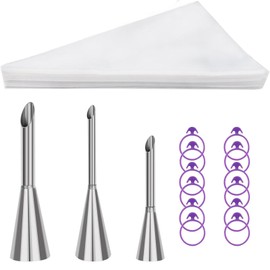 3PCS Cream Icing Piping Nozzle Tip,with 50 Disposable Pastry Bags Stainless Steel Long Puff Nozzle Tip Cream Filler Filling Cupcakes Doughnuts Pastry Tool
