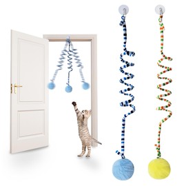 Andiker Cat Spring Toy, Self-Play Stretchable Door Hanging Cat Toy with Bell for Indoor Interactive Cat Toy, Soft Plush Ball with Spring Kitten toy for Cat Kitten Playing Exercising (Yellow+Blue)