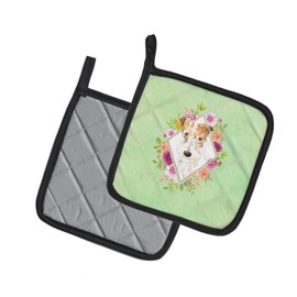 Caroline's Treasures CK4359PTHD Fox Terrier Green Flowers Pair of Pot Holders Kitchen Heat Resistant Pot Holders Sets Oven Hot Pads for Cooking Baking BBQ, 7 1/2 x 7 1/2