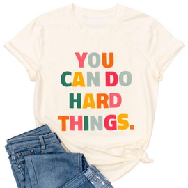 Ykomow You Can Do Hard Things Teacher T Shirt Womens Let it Be Live Happy Happiness Graphic Tees (XL, D-Cream)