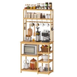 BMOSU Bakers Rack Bamboo for Kitchen with 12 S-Shaped Hooks Coffee Bar Table Kitchen Microwave Stand Open Storage Shelves Kitchen Utility Storage