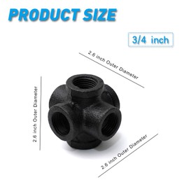 3/4" Black 6-Way Side Outlet Tee, Home TZH Malleable iron Pipe Fittings for Industrial vintage style, Flanges with Threaded Hole for DIY Project/Furniture/Shelving Decoration (4, 3/4"(Black))