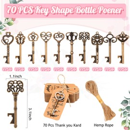 Crtiin 70 Pcs Bridal Shower Key Bottle Opener Wedding Favors for Guests Wedding Souvenirs Vintage Key Bottle Opener Bulk with 70 Pcs Thank You Tag Card and Rope