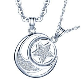 MICSAVI Men's Women's 925 Sterling Silver Friendship Couple Necklace Star and Moon Pendant with Chain, Cubic Zirconia Sterling Silver, Cubic Zirconia
