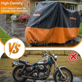 Favoto 210T Motorcycle Tarpaulin, Scooter Tarpaulin, Motorcycle Garage, Winterproof, Waterproof, UV Protection, Anti-Dust, Windproof with Lock Hole, Black/Orange, XXL, 245 x 105 x 125 cm