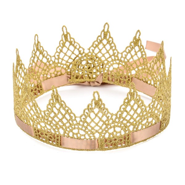 June Bloomy Girls Golden Lace Crown with Adjustable Ribbon Birthday Party Queen Gold Headband (Style B)