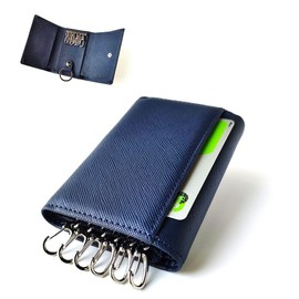 Pebblee Key Case, 6 Strands, Wallet, Card Case, Carbon Leather, Detachable Key Ring Included, navy