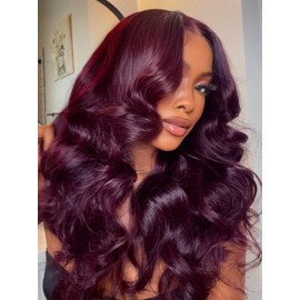 Julia Hair Black Cherry Loose Wave Wig 13x4 HD Lace Frontal Pre-Everything Drawstring Wigs Put on and Go Glueless Body Wave with Face Framing Bangs Pre Plucked Pre Cut Bleached Knots for Women 20 Inch