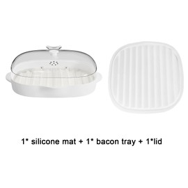 Bandeja de cocina para tocino de microondas, parrilla para tocino con tapa de salpicaduras, hace crujiente en minutos, longitud: 11 pulgadas, color blanco