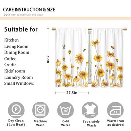 CINEKER Yellow Sunflower Flower Kitchen Curtains Rustic Flower Bathroom Curtains Window Treatment Drapes Tier Bee Plant Cafe Small Bedroom Short French Door Curtains Rod Pocket 2 Panels 27.5x39 Inch