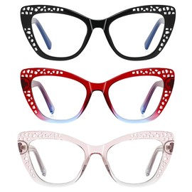 3 Pack Cat Eye Reading Glasses for Women - Blue Light Blocking Ladies Fashion Readers with Flexible Spring Hinges, Anti-Glare (black/red blue/pink, 1.5, multiplier_x)