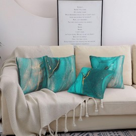 DILOXNSU Teal Gold Cushion Covers 45 x 45 cm Set of 4 Double-Sided Turquoise Marble Ink Abstract Art Cushions Cases 18 x 18 Inch Modern Decorative Pillow Cover for Sofa Bed Couch