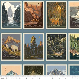 Riley Blake All Newly Designed National Parks Postcards Panel with Blue Borders, Quilting, Apparel and Home Decor Fabric (Blue 23"x43")