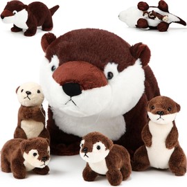Poen 5 Pcs River Otter Stuffed Animals Ocean Large Mommy Sea Otter Stuffy Plush with 4 Cute Babies in Her Zippered Belly Gifts for Kids Soft Cuddly Plushies for Mom Boy Girl Birthday Party Decor