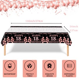18th Table Cloth,Black Rose Gold Birthday Tablecloth 137*274cm rectangle Disposable Tablecloth Party Table Cloth Large Plastic Table Cover Black Rose and Gold Decors for 18th Birthday Party supplies