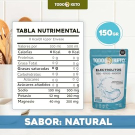 TODO KETO Electrolitos Polvo Natural Sin Azúcar (150g)- Hidratacion Deportiva para Runner,Ciclismo y Gym- Sales de Magnesio, Potasio y Sodio - Evita C