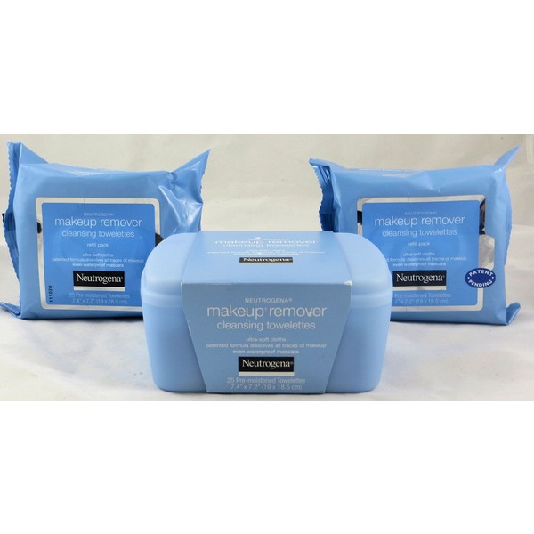 Neutrogena Makeup Remover Cleansing Towelettes Combo Pack, 1-25 Count Tub, Plus 2-25 Count Refills