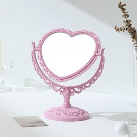XPXKJ XPXKJ 7 Inch Vintage Heart Mirror - Elegant Desk Makeup Mirror with Double Sided 360 Degree Rotation Vanity Mirror for Coquette Room Decor (Pink 1pcs)