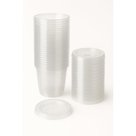 100-Pack 9 oz Clear Squat Plastic Cups (50) + Sip Lids (50) + Coaster – Great for Cold Drinks, Iced Coffee, Juices & More! | Gobelets Courts + couvercles + Dessous-de-verre