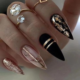 Pikabows Press On Nails Almond Black Gold Marbling Fake Nails Acrylic Glitter Glossry False Nail Tips Kit Glue on Nails for Women