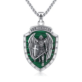KiiKii Saint Michael Necklace for Men Women 925 Sterling Silver St Archangel Michael Medal Malachite Shield Pendant Protection Gifts Jewelry for Dad Husband Son