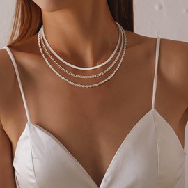 Lyncory Layered Silver Necklace for Women Charm Necklace Chunky Stackable Stack Sterling Silver Adjustable Waterproof Cuban Snake Chain for Women Layering Pendant Trendy Jewelry Set Gifts