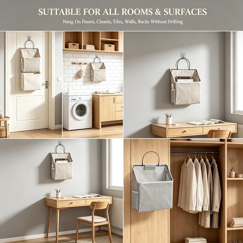 2pcs Linen Cotton Multi-Pocket Wall Hanging Bag with Hooks (Grey)
