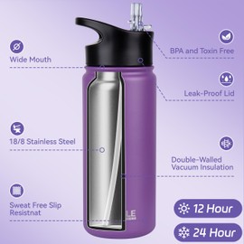 HASLE OUTFITTERS Insulated Water Bottle Kids 16 oz Double Wall Vacuum Stainless Steel Water Bottle Leak Proof for School Wide Mouth with Straw Lid & Spout Lid Keeps Cold and Hot(Purple,4pack)