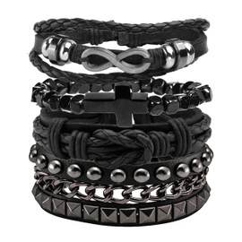 JJDreams Men's Leather Bracelet Set Punk Bracelet Wide Rocker Bracelet Black Engraved Bangle Gothic, Leather