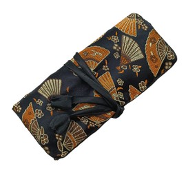 WEI LONG@Jewelry Roll, Travel Jewelry Roll Bag,Silk Embroidery Brocade Jewelry Organizer Case with Tie Close, (Fan,Black)