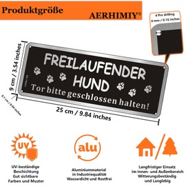 Freilaufender Hund Sign, Brushed Aluminium, 25 x 9 cm, 1 Piece Tor Bitte Geschlossen Halten Metal Sign with Footprint Pattern