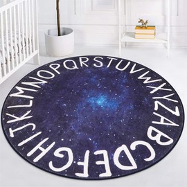 LIVEBOX Space Round Kids Rug for Boy and Girl, Circle Alphabet Washable Rug Crawling Nursery Rug for Playroom, Galaxy Non-Slip Play Mat Learning Carpet for Children Room (59",Star Blue)