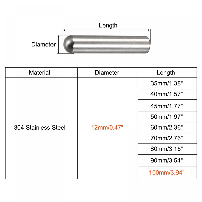 sourcing map 12x100mm Dowel Pins, 2pcs 304 Stainless Steel Round