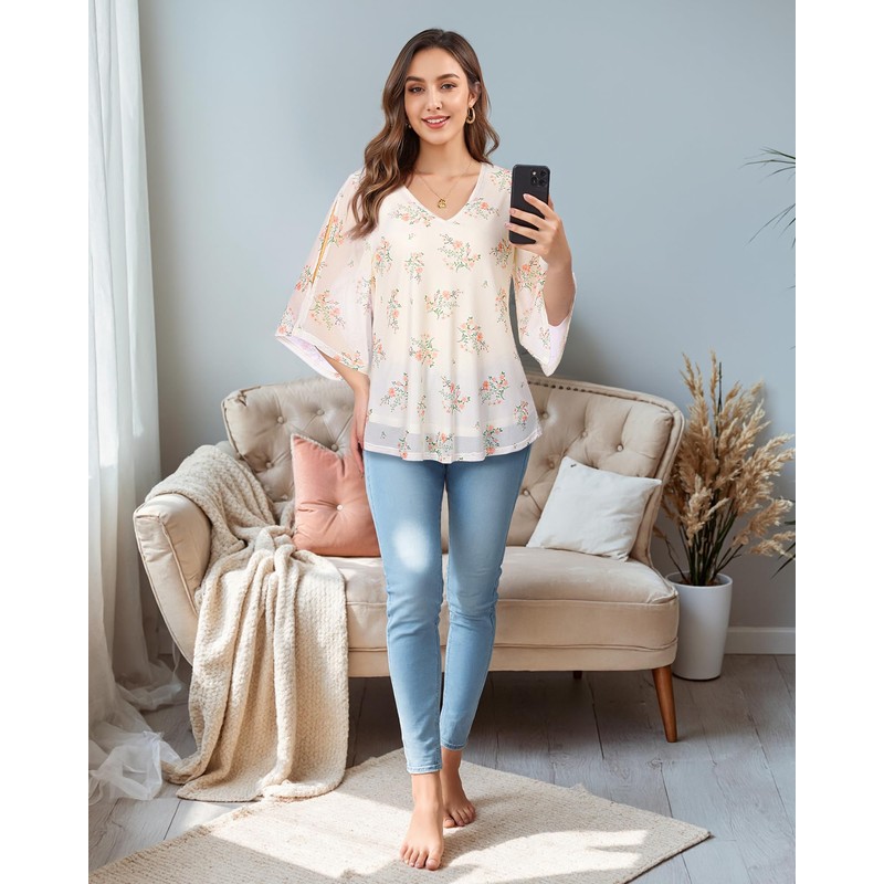 Vafoly Blouse Women's Elegant Short Sleeve Summer Tunic V-Neck Mesh