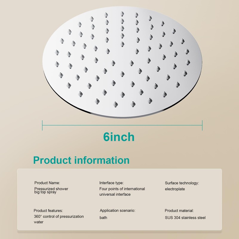 AULEEND 6 Inch Round Rain Shower head, High Flow Stainless