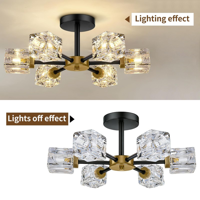 SHINELUX Modern Sputnik Chandelier, 6-Lights Crystal Semi Flush Mount Ceiling