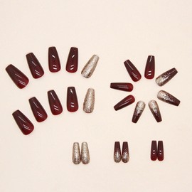 Coffin Press on Nails Medium Fake Nails with Glitter Designs Acrylic Nails Press ons Burgundy Full Cover Glue on Nails Artificial Stick on Nails for Women 24Pcs