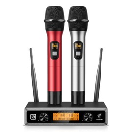 TONOR Wireless Microphone System, Professional Metal Cordless Karaoke Microphones, Handheld Dynamic Mic Set with Receiver for Home Party, Meeting, KTV, Church, DJ, Wedding, Singing, 200ft, TW820 Red
