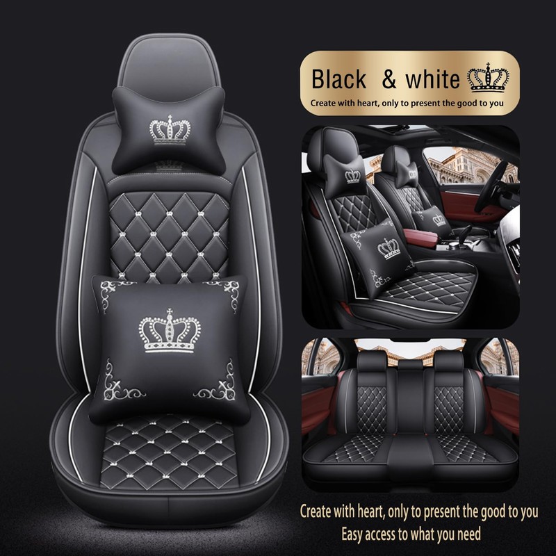 LOVJOYSE Crown Car Seat Covers Full Set, Premium Leather Waterproof