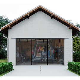 Magnetic Double Garage Screen Door for 2 Car Garage Doors 16x7FT- Reinforced Self Sealing Fiberglass Mesh Door Screen with 6 Strapping Tapes, Hands Free Door Screen with Closure Weighted Bottom, Black