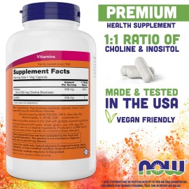 Now Supplements Choline Inositol 180 Vegetarian Capsules Non Gmo Vegan 250Mg