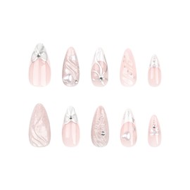 Pikabows Press On Nails Long Almond Bowknot 3D Star Silver Ribbon Nude French Fake Nails Acrylic False Nail Tips Kit Glue on Nails for Women