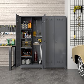 STEELIST Metal Storage Cabinet with Shelves and Hanging Rod, 72.8" Broom Closet Cabinet with Locking Door, Large Storage Cabinet for Kitchen, Pantry, Office, Shop